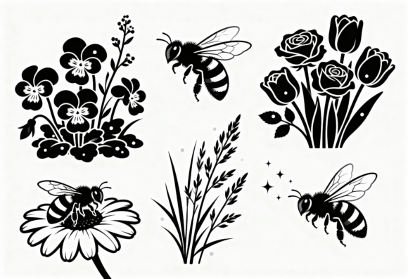 Black Bee Flower Floral SVG Cut File