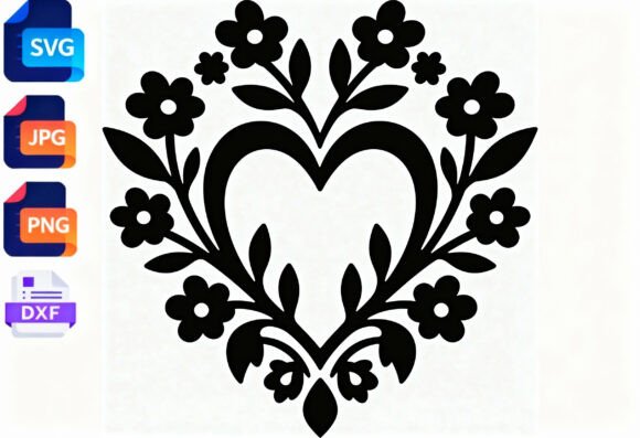 Heart Floral SVG Cut File Black and