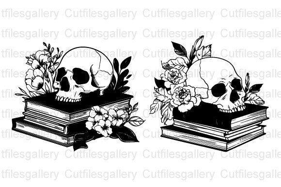 Skull on Stack of Books with Flowers SVG
