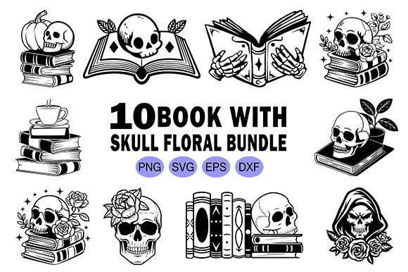 Skull with Books Floral Svg Bundle